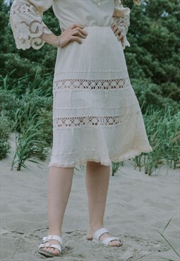Hippie skirt cream elastic waist boho strechy vintage L-XL