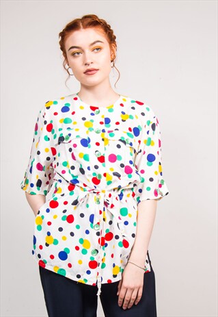 90'S VINTAGE WHITE POLKA DOT PATTERN BLOUSE SHIRT