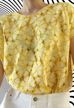 Vintage Shirt Lace Flower Blouse Hollow Size S T314