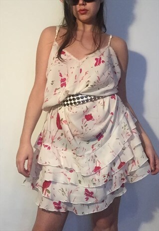VINTAGE 90S WHITE GRUNGE RUFFLE ROSES DRESS