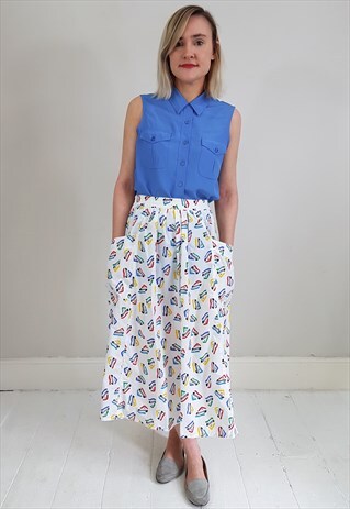 VINTAGE 80'S WHITE MULTI COLOUR MIDI SKIRT W/ POCKETS