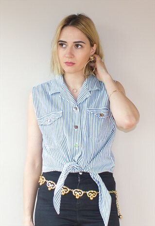 VINTAGE STRIPED DENIM STYLE SLEEVELESS CROP SHIRT