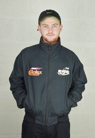 VINTAGE BLACK SWINGSTER CELOTEX NASCAR RACING BOMBER JACKET