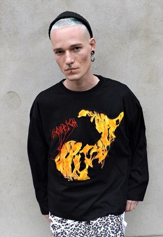 LOOSE FIT OVERSIZE CUT OUT FIRE FLAME GRUNGE SWEATSHIRT