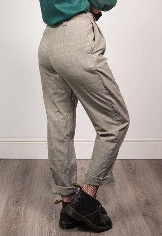 90'S GREY CHECKED PATTERN HIGH WAIST TROUSERS