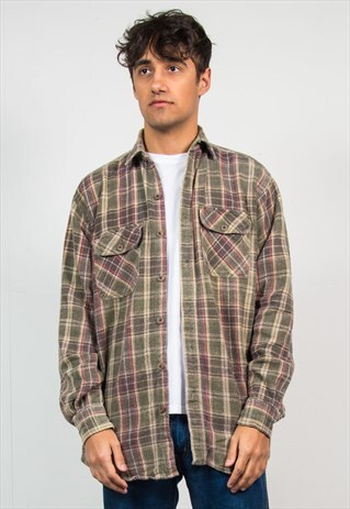 90'S CHECKED PLAID FLANNEL SHIRT