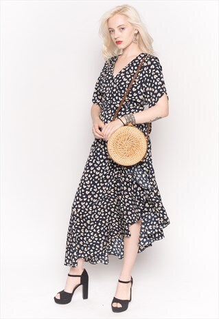 RUFFLED WRAP MIDI DRESS IN BLACK SWEET HEART PRINT