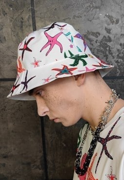 Sea life print bucket hat summer graffiti cap in white pink