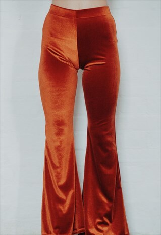 RUST HIGH WAISTED VELVET BELL BOTTOM FLARES