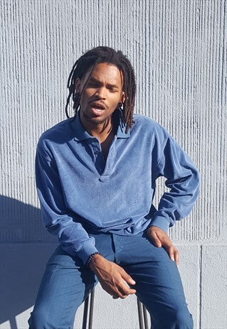 90S MINIMALIST SKATER LUXURY BLUE VELOUR POLO LARGE
