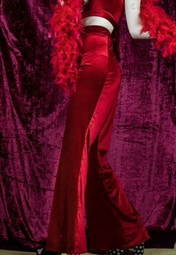 Red velvet elasticated flared trousers