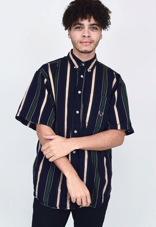 VINTAGE 90'S NAVY GREEN & NUDE STRIPE SHORT SLEEVE SHIRT