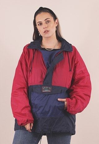 VINTAGE RED COLOUR BLOCK OVERSIZED WINDBREAKER /A1090
