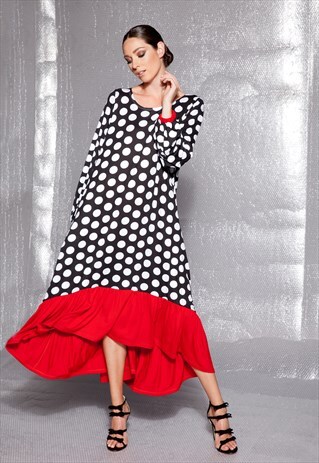 POLKA DOTS MAXI DRESS/ PLUS SIZE DRESS/ LONG SLEEVE DRESS