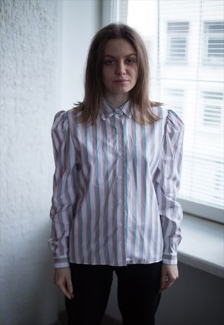VINTAGE 90'S WHITE STRIPED PUFF SLEEVED SHIRT