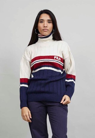 VINTAGE MULTI COLOURED ROLL NECK RIBBED FILA JUMPER