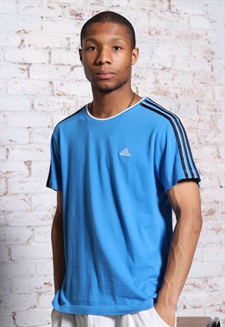 VINTAGE ADIDAS EMBROIDERED LOGO 3 STRIPE T-SHIRT BLUE