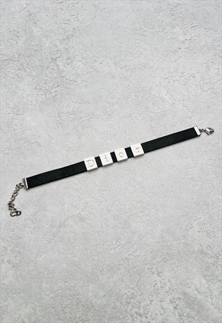 Christian Dior Bracelet Logo Black Leather Silver Vintage