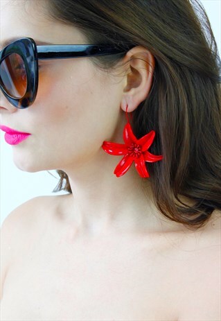 RED FLOWER DROP DANGLE EARRINGS