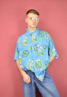 Vintage blue hawaiian flower print short sleeve shirt