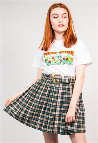 VINTAGE 90'S GREEN CHECKED PLEATED HIGH WAIST MINI SKIRT