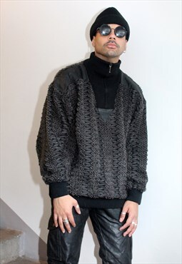 Vintage 90s Winter Zip Neck Grey Knit Grunge Jumper XL