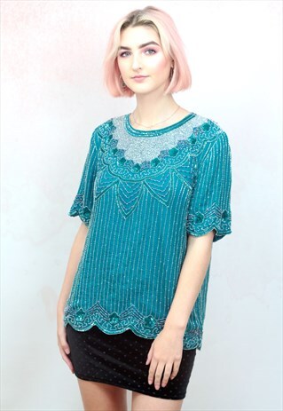 1980S VINTAGE GREEN AND SILVER EMBELLISHED SILK TOP
