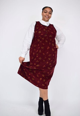 VINTAGE 90'S LONG BURGUNDY LEAF PRINTED DRESS WITH BUTTONS