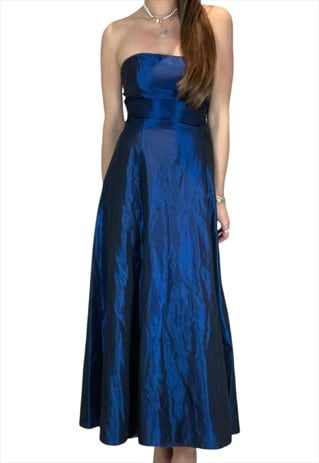 Blue Vintage Silk Ball Evening Maxi Prom Dress