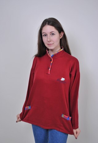 VINTAGE FLORAL EMBROIDERY HIGH NECK RED SWEATSHIRT