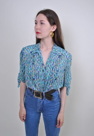 90S ABSTRACT PRINT BLUE BLOUSE, VINTAGE HOLIDAYS SHIRT