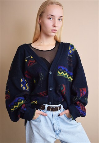 80'S RETRO ABSTRACT PRINT OVERSIZED DAD'S KNITTED CARDI TOP