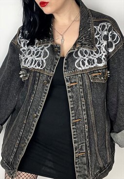 BARB WIRE - Reworked Hand Painted Studded Denim Jacket