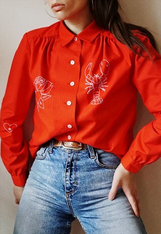 REWORKED VINTAGE HAND EMBROIDERED RED SHIRT