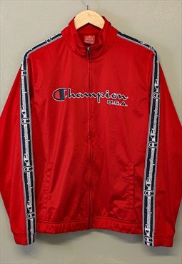 Vintage Champion Track Jacket Red With Sleeve and Front Logo