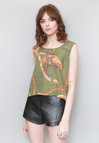 VINTAGE 1980'S GREEN SILK EQUESTRIAN VEST TOP