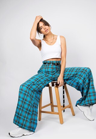 TARTAN TROUSERS IN BLUE WITH WIDE LEG & HIGH WAIST