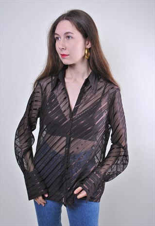 VINTAGE BROWN STRIPED TRANSPARENT WOMAN BLOUSE