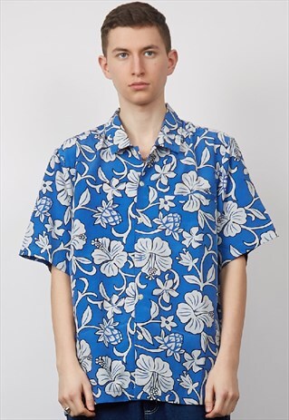 VINTAGE 90'S BLUE FLORAL HAWAIIAN PRINT SHIRT