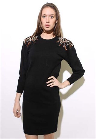 VINTAGE 1980'S 80'S GIRAFFE SEQUINED BLACK SWEATER DRESS S-M