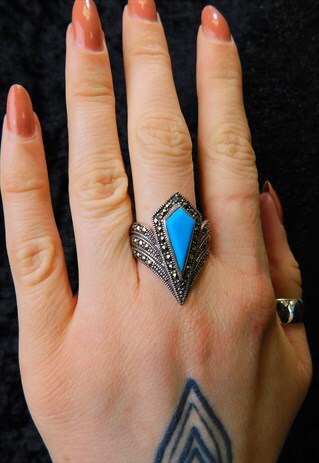 ART DECO INSPIRED RING STERLING SILVER TURQUOISE MARCASIT