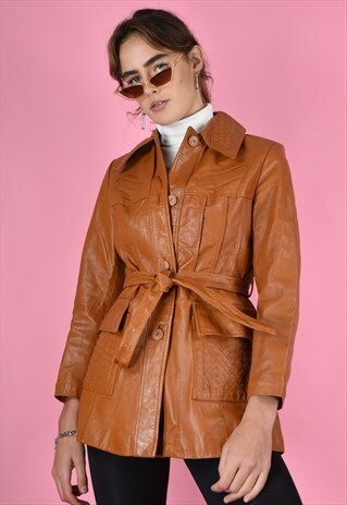 VINTAGE 70S LEATHER TRENCH JACKET LIGHT BROWN