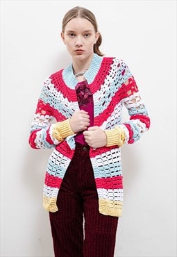 Vintage Y2k Boho Multi Striped Crochet Net Shrug Cardigan S