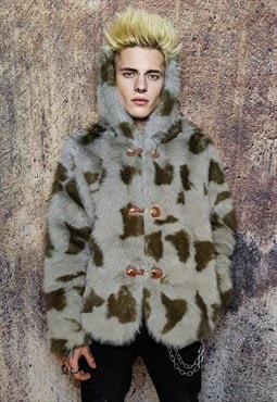 Faux fur leopard jacket animal print fluffy duffle coat grey