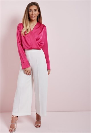 SATIN WRAP BODYSUIT BLOUSE - FUCSHIA