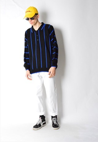 VINTAGE 80S BLACK BLUE STRIPED KNIT 1/3 BUTTON JUMPER