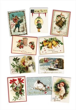 Christmas Greeting Cards Set 10 Cute Kitsch Victorian Retro