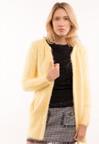 SOFT FLUFFY CARDIGAN WITH SIDE POCKETS IN YELLOW COLOR