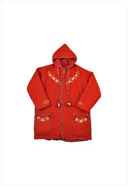 Vintage Fleece Hooded Jacket Retro Pattern Red Ladies Small