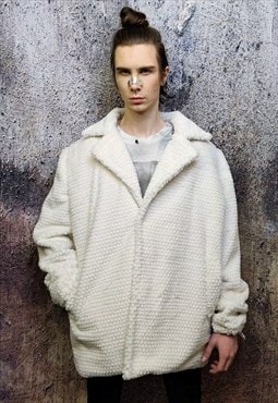 Textured fleece jacket handmade fluffy faux fur coat cream